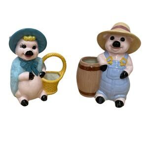 Ceramic Set of 2 Pigs Male and Female Utensil Holder Small Chip Signed N K GUC